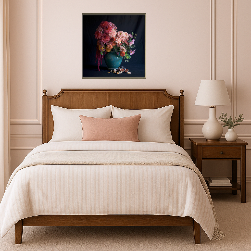 Augustine Artwork framed in Barcelona Black & Antique Gold sits above modern heritage style bed in blush themed bedroom
