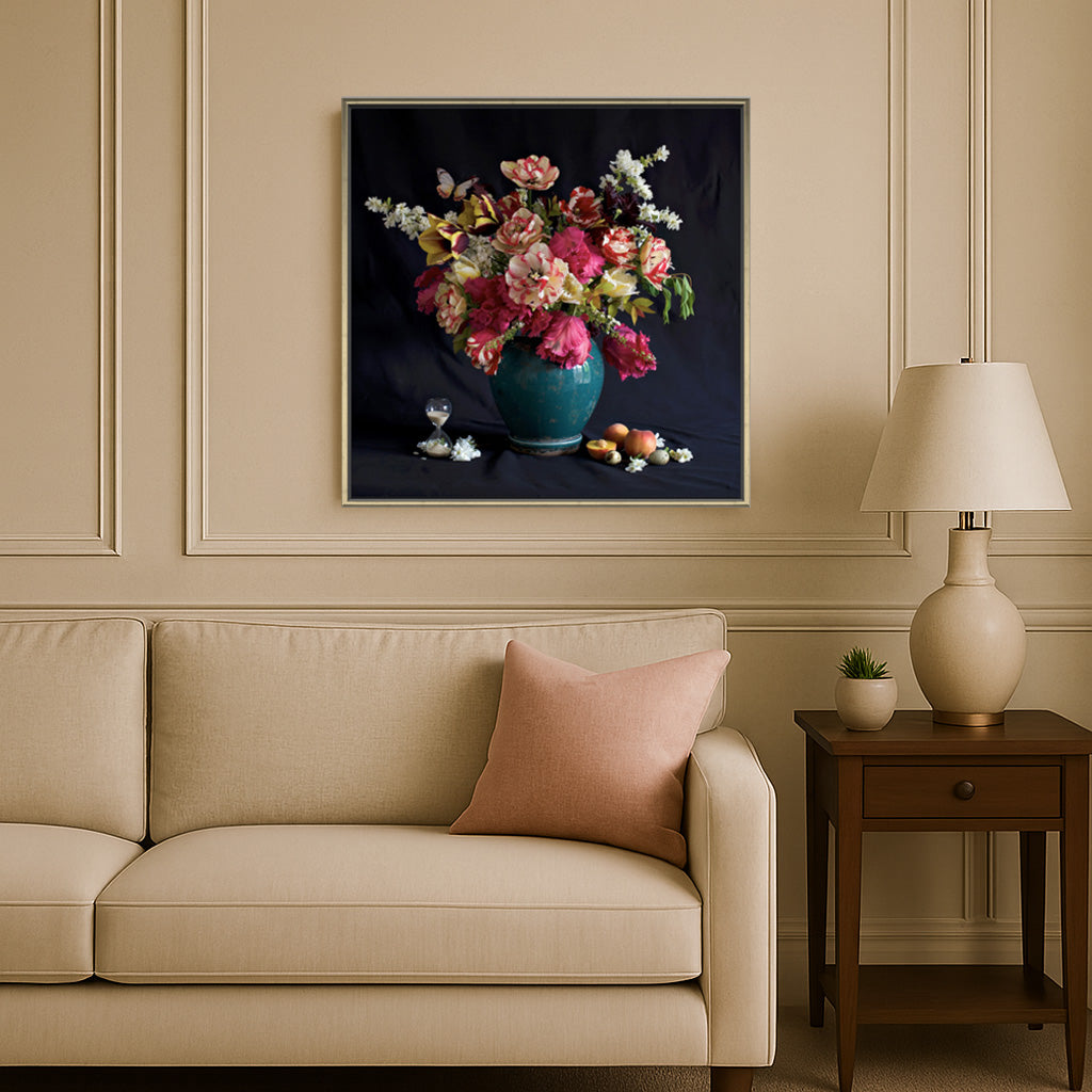 Cornelia Artwork in Barcelona Black & Antique Gold Frame in modern heritage styled living room with sofa and blush cushion and dark wood side table with table lamp and small ceramic plant holder and plant.