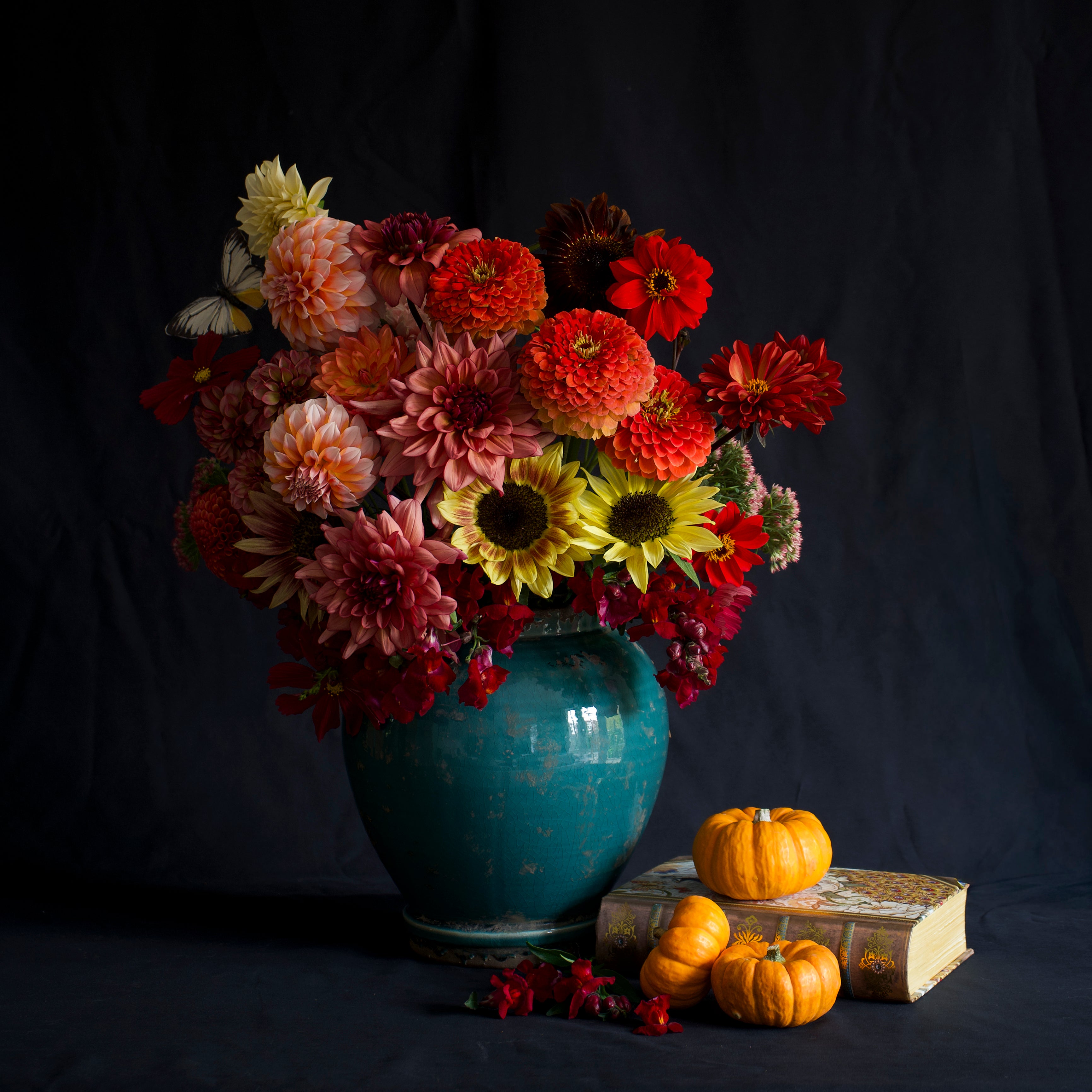A large bouquet of colorful flowers including sunflowers, zinnias and dahlias arranged as a still life in a teal vase, alongside three small pumpkins on a book, set against a dark background.


