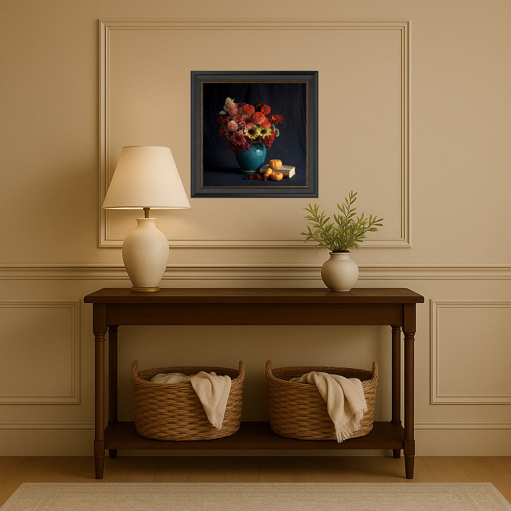 Marjorie Artwork framed in London Classic 65 styled in modern heritage hallway with dark wood console, table lamp and vase with greenery.