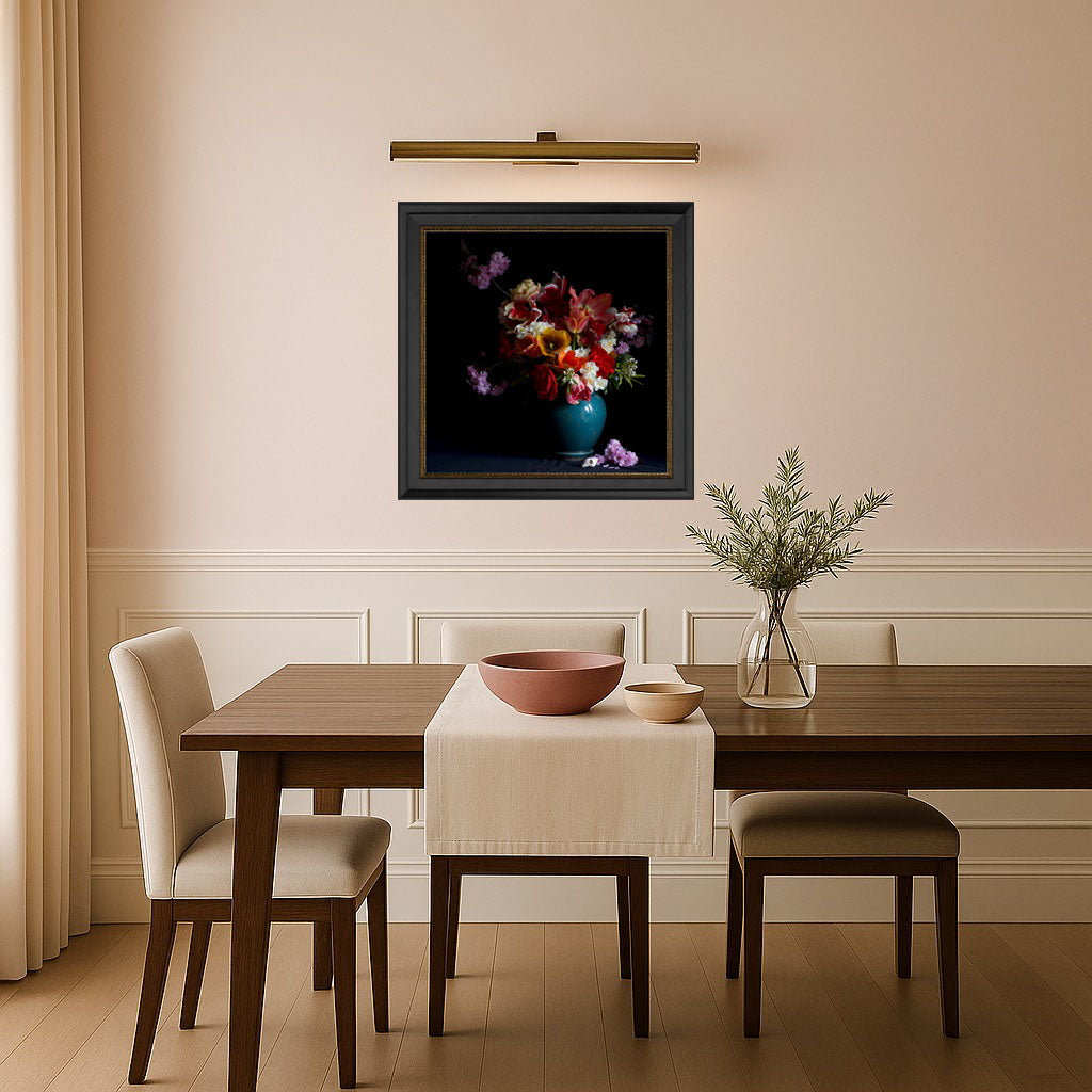 Ophelia Artwork In London Classic 65 Frame in modern heritage blush toned dining room with dark wood table, upholstered chairs and vase with greenery.